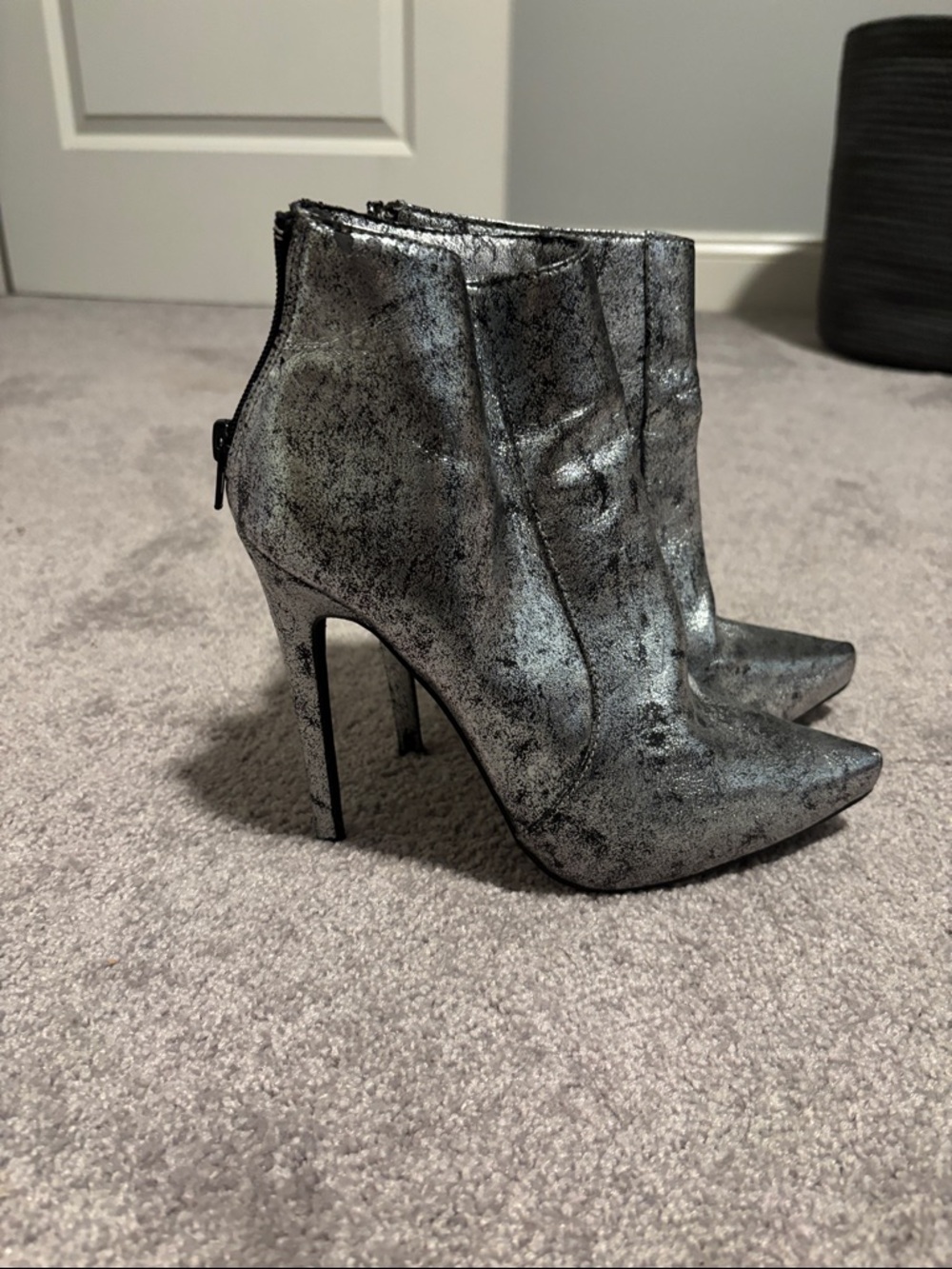 Metallic Silver Pointed-Toe Stiletto Ankle Boots - Women